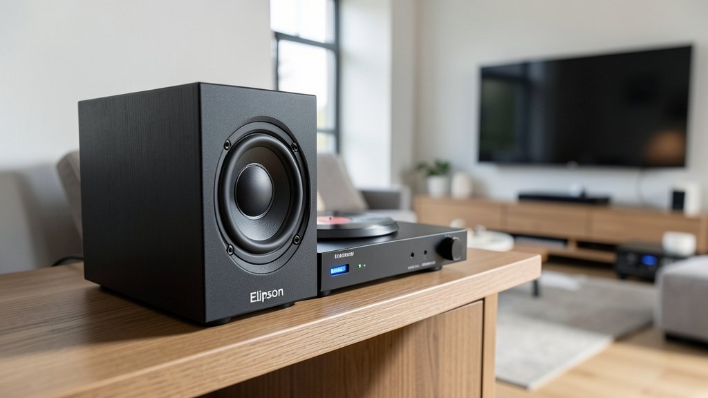 A detailed image of Elipson's active bookshelf speakers with HDMI ARC and phono stage, placed on a wooden shelf in a modern living room, with a turntable and a TV in the background.