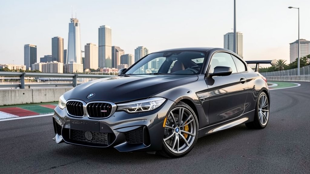 A high-resolution image of the BMW M2 CS in a luxurious setting, with a cityscape or a racing track in the background, highlighting the car's sleek design and powerful engine.