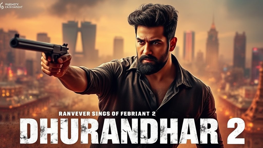 A cinematic poster of Dhurandhar 2 with Ranveer Singh in the lead role, set against a backdrop of Karachi cityscape, with a hint of action and suspense.