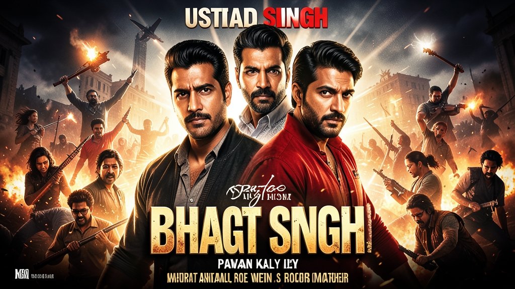 A movie poster of Ustaad Bhagat Singh with Pawan Kalyan in the lead role, surrounded by action-packed scenes and dramatic lighting.