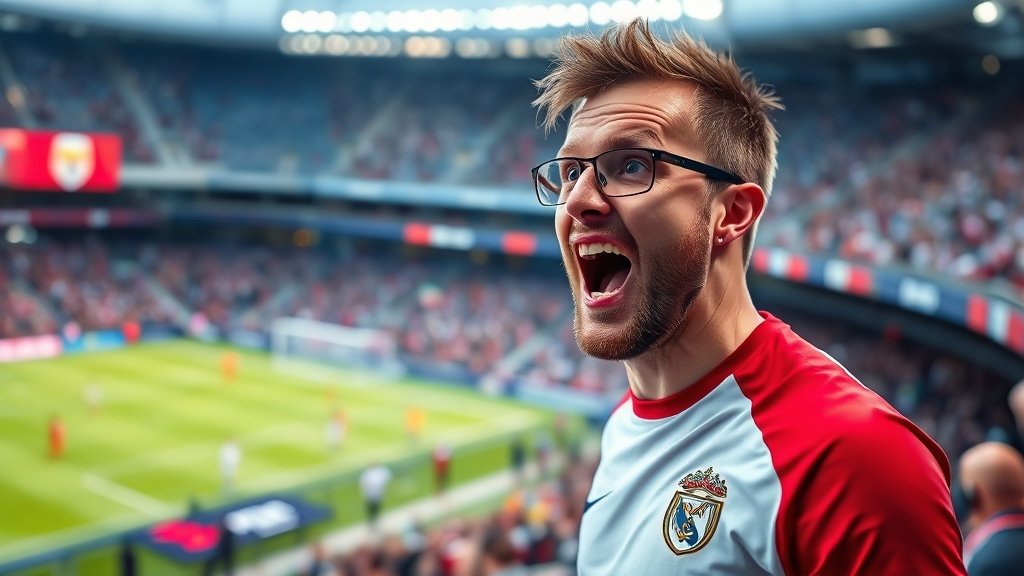 A photo of Hansi Flick reacting to a football match with a mix of surprise and excitement on his face, with a blurred background of a football stadium