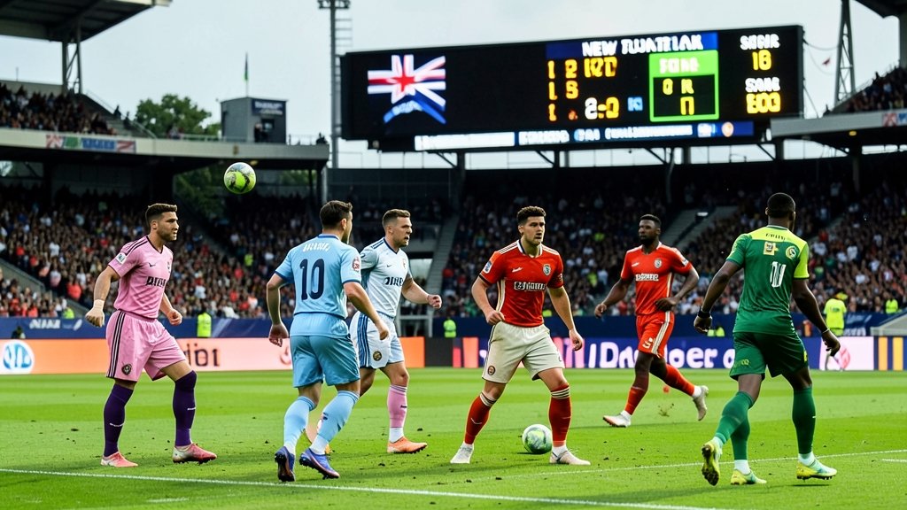 A cricket stadium with New Zealand and South Africa players in action, with a scoreboard showing the match result in the background