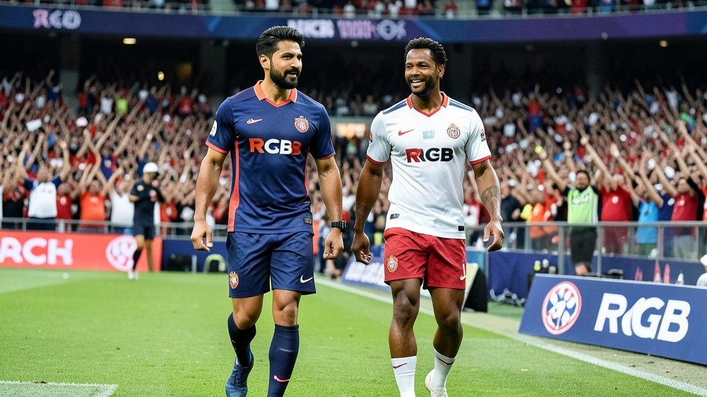 A photo of Virat Kohli and AB De Villiers walking onto the field together, with the RCB logo in the background and a stadium filled with cheering fans.
