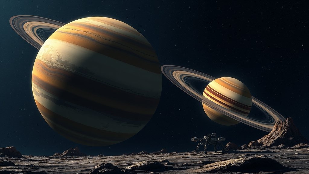 A detailed illustration of the Saturn's moon Titan with its surface features, including lakes, seas, and cryovolcanoes, with a spaceship or a robotic rover in the foreground, set against a starry night sky with the ringed planet Saturn looming in the background.