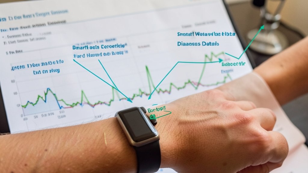 A person wearing a smartwatch with a graph of their health data in the background, highlighting the connection between smartwatch data and diabetes detection