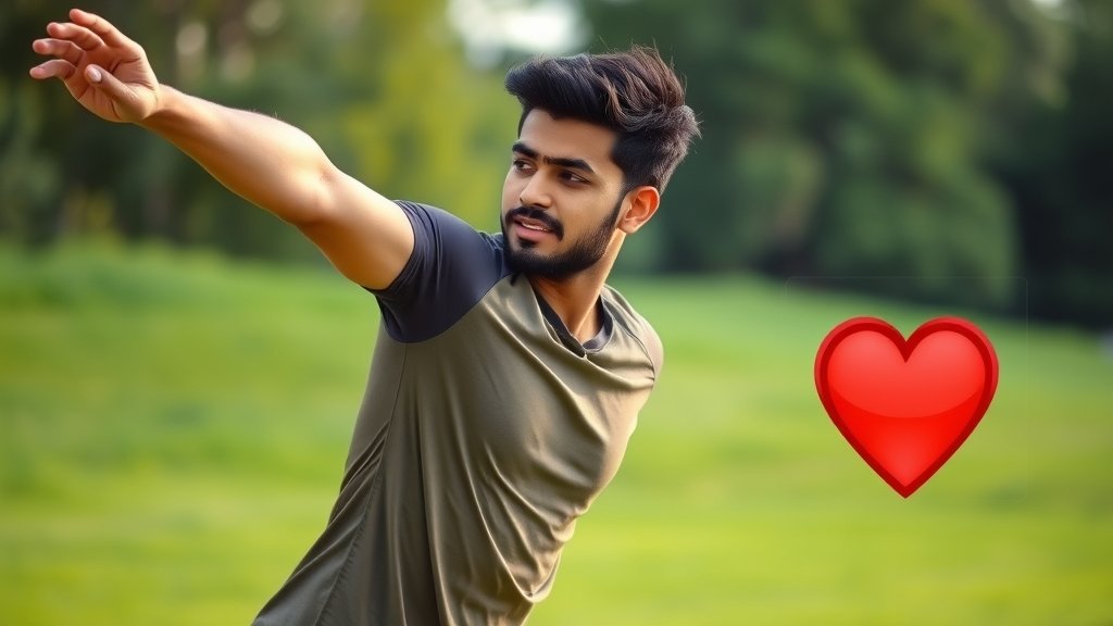 A photo of a person from South Asian descent exercising outdoors, with a green background and a subtle image of a heart in the corner, symbolizing a healthy lifestyle.