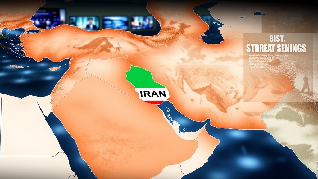 A map of the Middle East with Iran and Israel highlighted, with a subtle background image of a newsroom or a military operation center