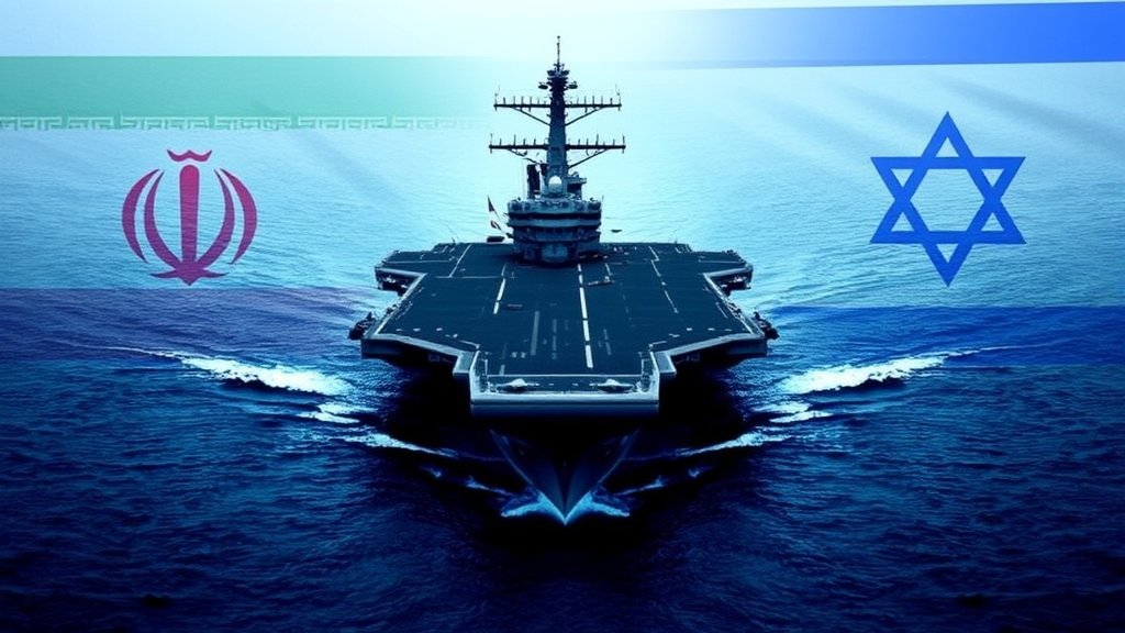 A dramatic image of a US military aircraft carrier in the Caspian Sea, with a subtle background of Iranian and Israeli flags, conveying the escalating tensions in the region