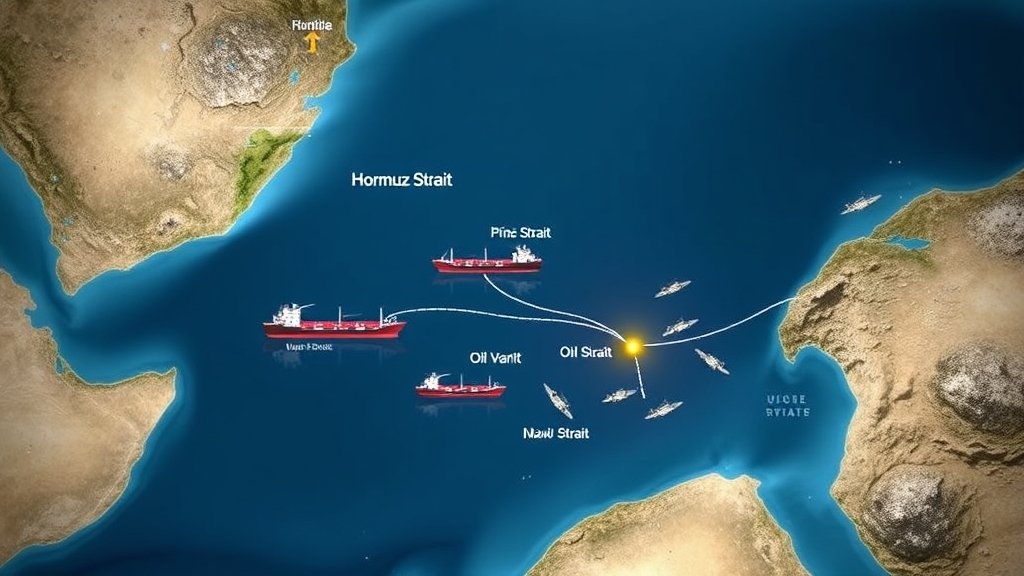 A map of the Hormuz Strait with oil tankers and naval ships, symbolizing the international effort to secure the waterway