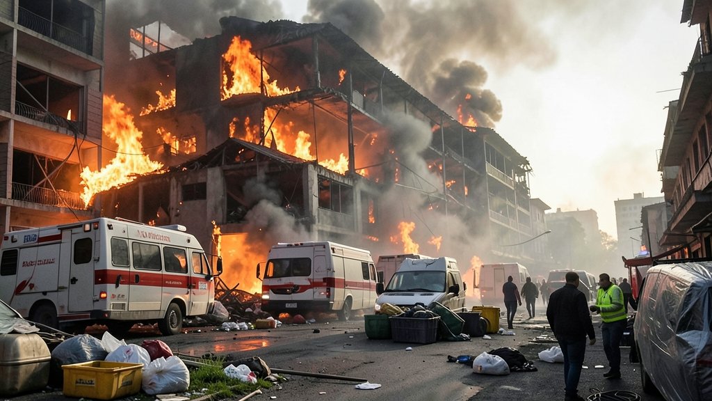A dramatic image of a burning building with electric vehicles and other hazardous materials in the foreground, with people evacuating in the background.