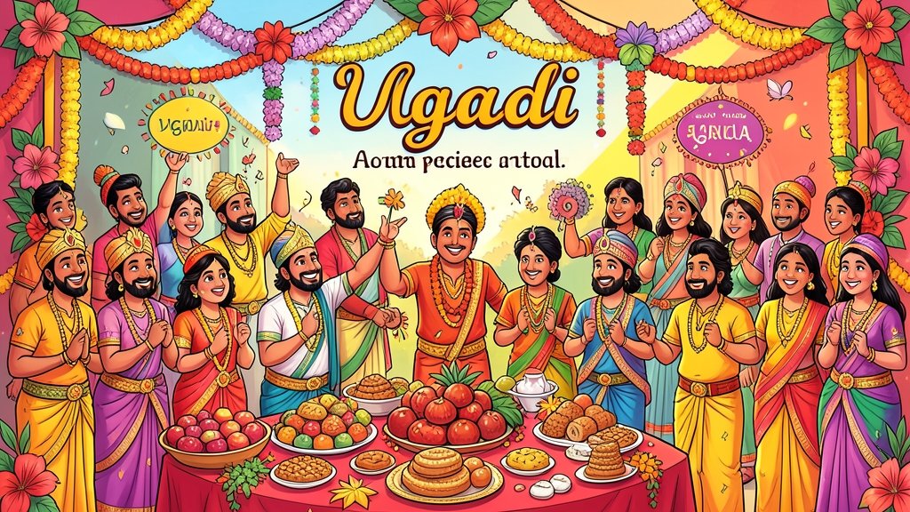 A vibrant and colorful illustration of Ugadi festival celebrations, with people dressed in traditional attire, surrounded by decorations, flowers, and traditional sweets, conveying the joy and spirit of the occasion.