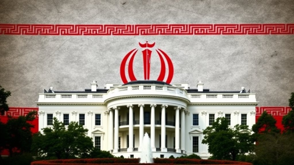 A photo of the White House with a backdrop of the Iranian flag, symbolizing the complex and tense relationship between the two nations