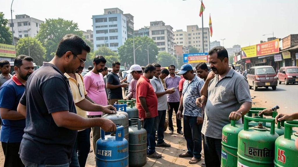 A photo of a person waiting in line to buy LPG cylinders, with a cityscape in the background, highlighting the growing demand for gas in India