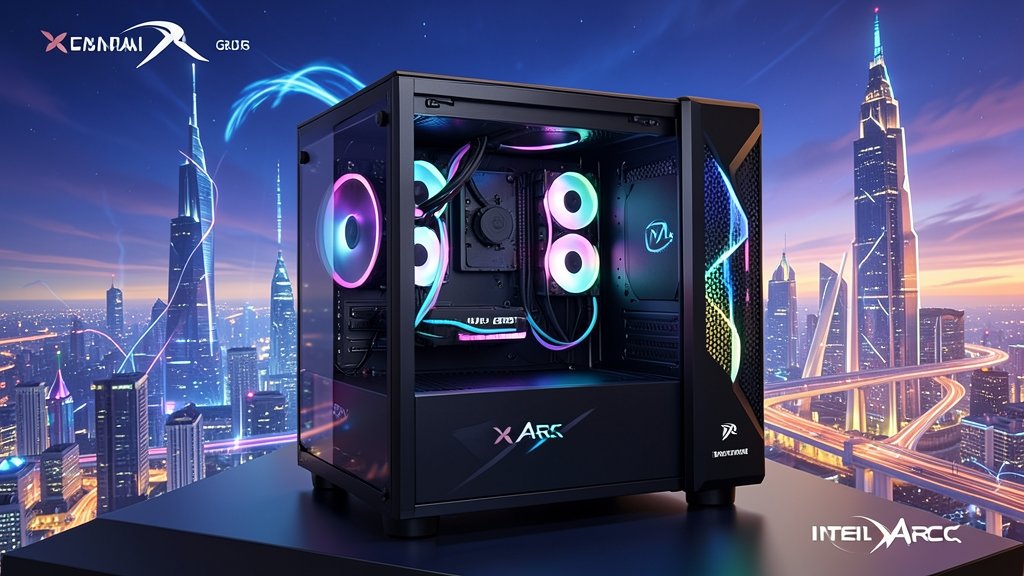 A detailed illustration of a gaming PC with an Intel Arc GPU, showcasing the Precompiled Shader Delivery feature in action, with a cityscape or futuristic background.