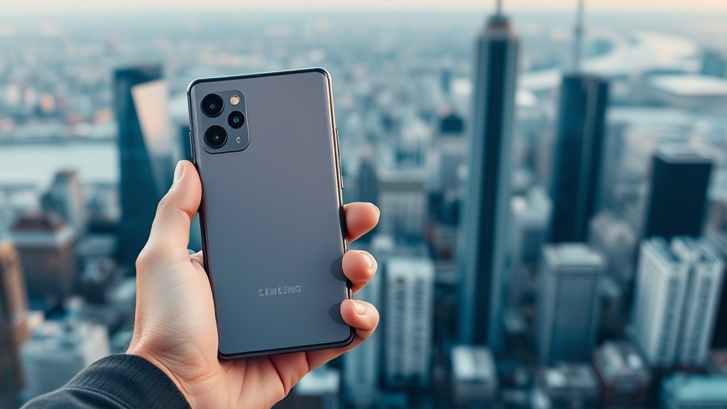 A high-quality image of a person holding a Samsung Galaxy S26 Ultra smartphone with a cityscape in the background, highlighting the concept of accessibility and innovation.