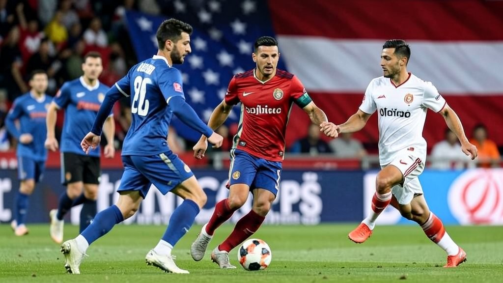 a picture of the Iranian football team playing a match with a subtle hint of the US flag or a related political symbol in the background