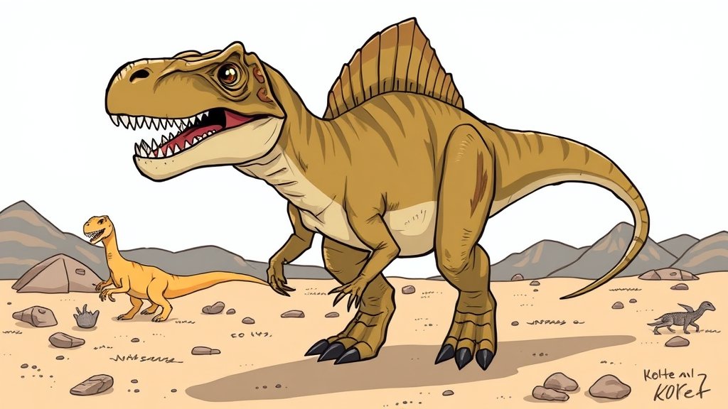A detailed illustration of the newly discovered dinosaur species from Korea, with a cartoonish representation of the Doolysaurus character in the background, showcasing the unique features of the dinosaur.