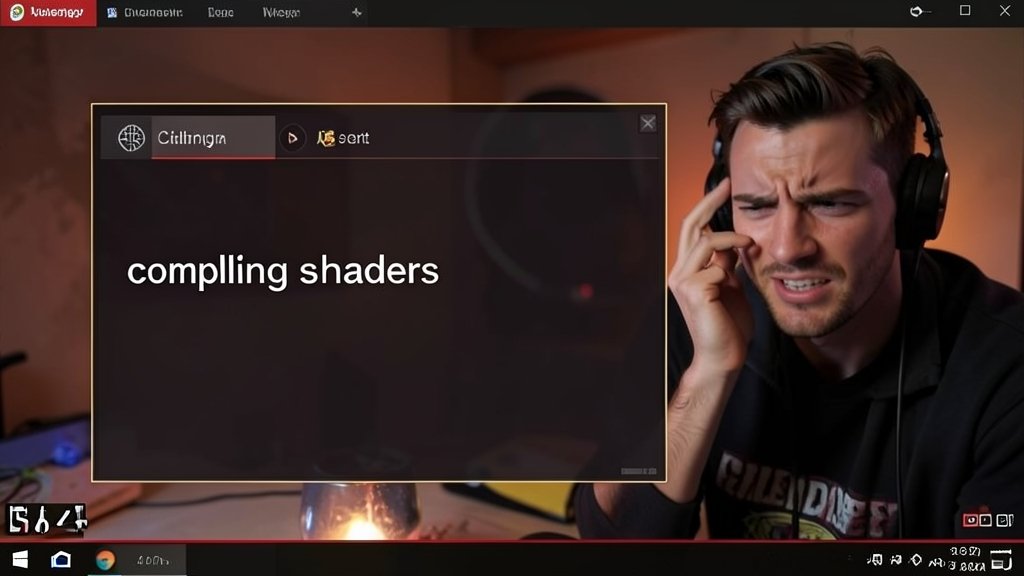 A screenshot of the Crimson Desert game with a loading screen that says "compiling shaders" and a frustrated gamer in the background
