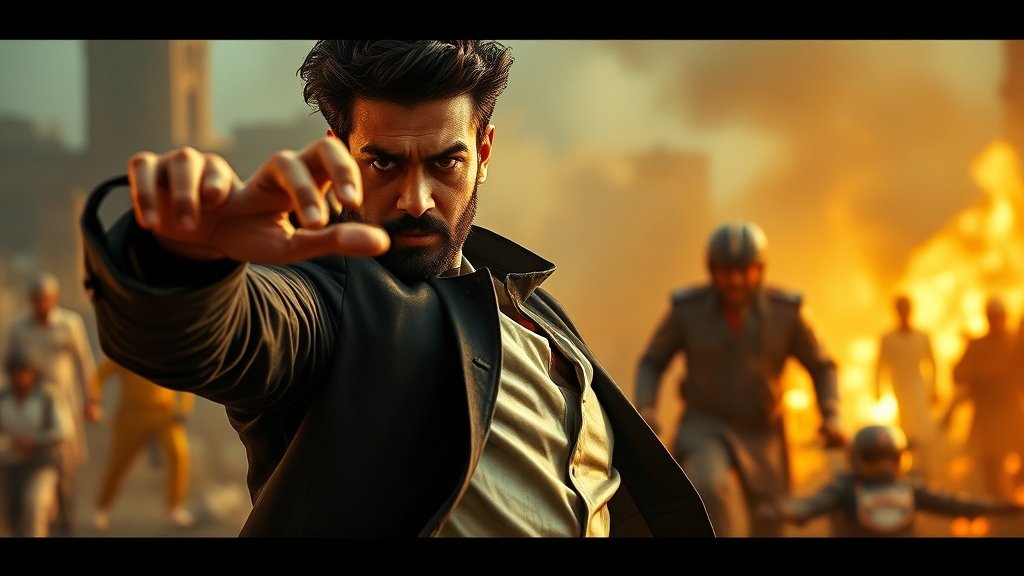 A photo of Ranveer Singh in a powerful pose from the movie Dhurandhar The Revenge, with a cityscape or action-packed background.