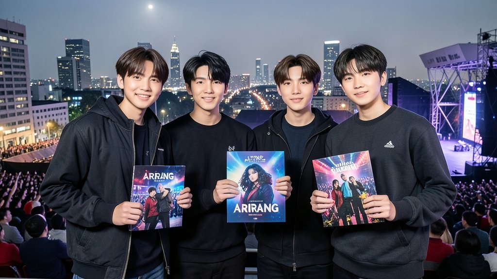 A photo of BTS members standing together, holding their new album ARIRANG, with a cityscape or concert venue in the background, symbolizing their global reach and musical success.