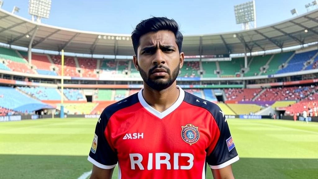 A photo of Yash Dayal in his RCB jersey, with a puzzled expression, standing in front of a cricket stadium