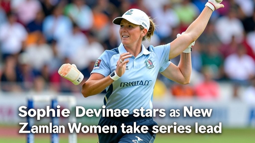 A photo of Sophie Devine in action during a cricket match, with a caption that reads "Sophie Devine stars as New Zealand Women take series lead"