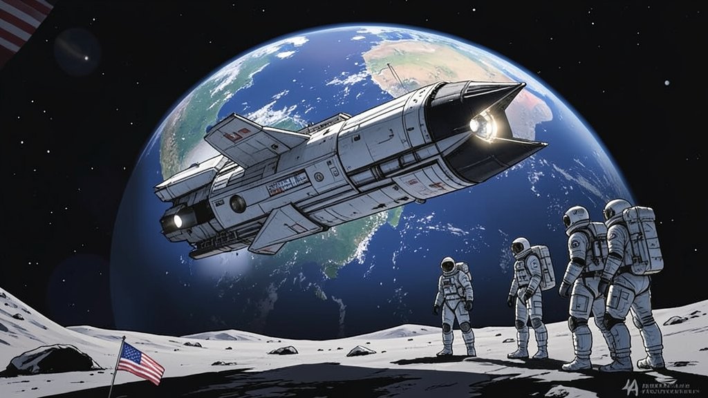 An illustration of the Artemis II spacecraft approaching the Moon, with the Earth in the background, and four astronauts in spacesuits standing on the lunar surface, with a subtle American flag in the corner.