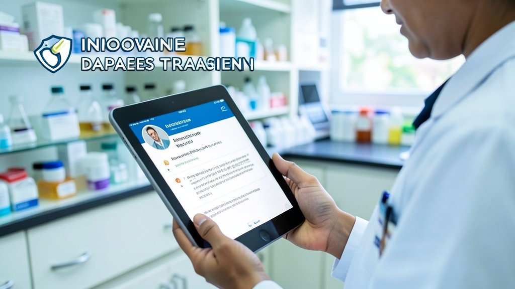 A photo of a person holding a tablet with a background of a medical laboratory or a pharmacy, highlighting the concept of innovative diabetes treatment in India