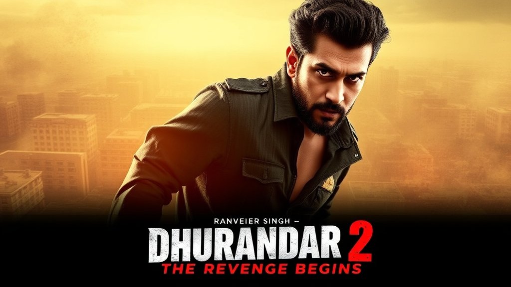 A poster of the movie Dhurandhar 2 with Ranveer Singh in the lead role, with a background of a cityscape and a tagline that reads "The Revenge Begins"