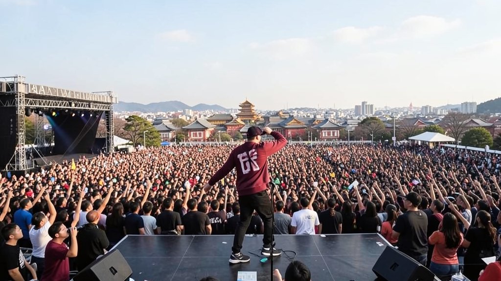 A photo of BTS performing live on stage in Seoul, with a huge crowd of fans in the background, and the city's historic centre visible in the distance
