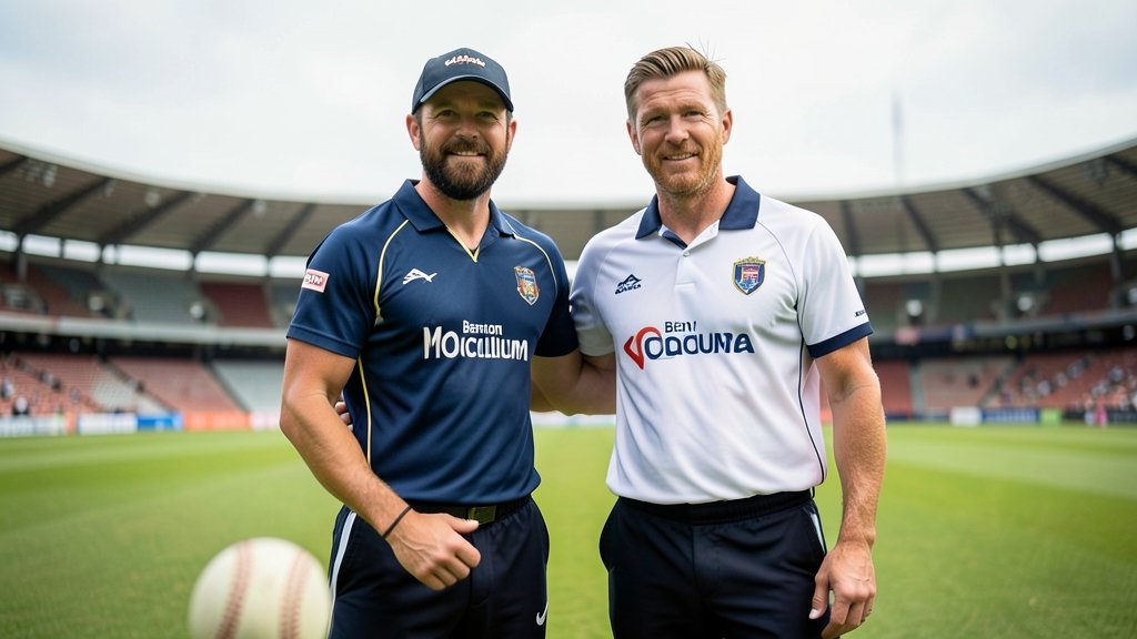 A photo of Brendon McCullum and Ben Stokes standing together on a cricket field, with a subtle background of a stadium and a cricket ball in the foreground, conveying a sense of unity and determination.