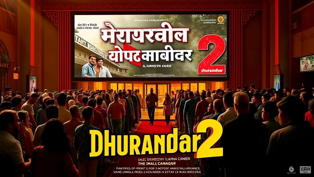 A movie poster of Dhurandhar 2 with a crowd of people waiting outside a cinema hall, with a red carpet and a giant screen displaying the movie's title in the background.