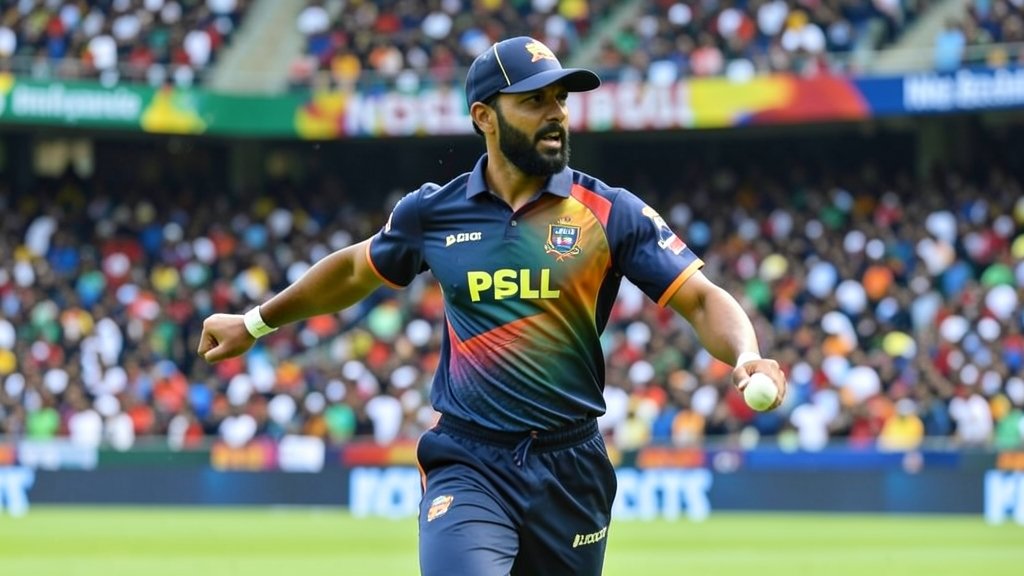 A photo of a Bangladesh cricket player in action during a PSL match, with a stadium crowd in the background