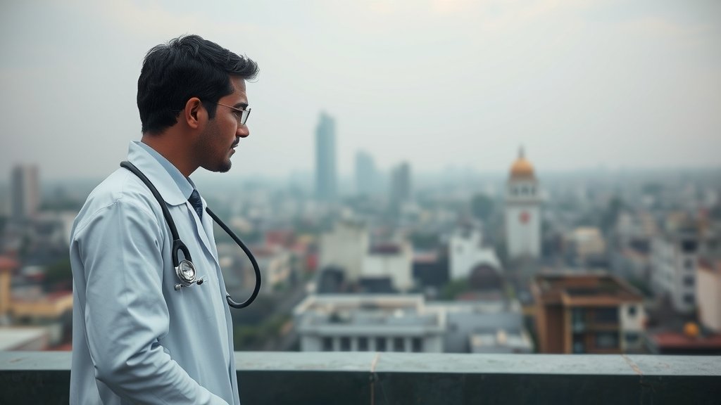 A medical professional in a lab coat examining a patient with a stethoscope, with a subtle background of a cityscape in India, conveying the growing concern of drug-resistant tuberculosis in the country.