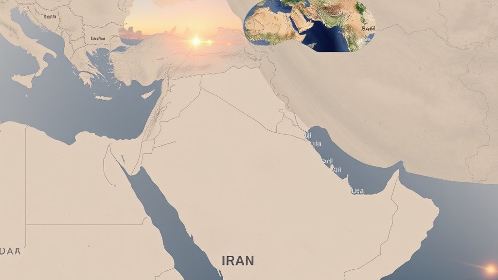 A map of the Middle East with Saudi Arabia, UAE, and Iran highlighted, along with a subtle background image of a military operation or a diplomatic meeting
