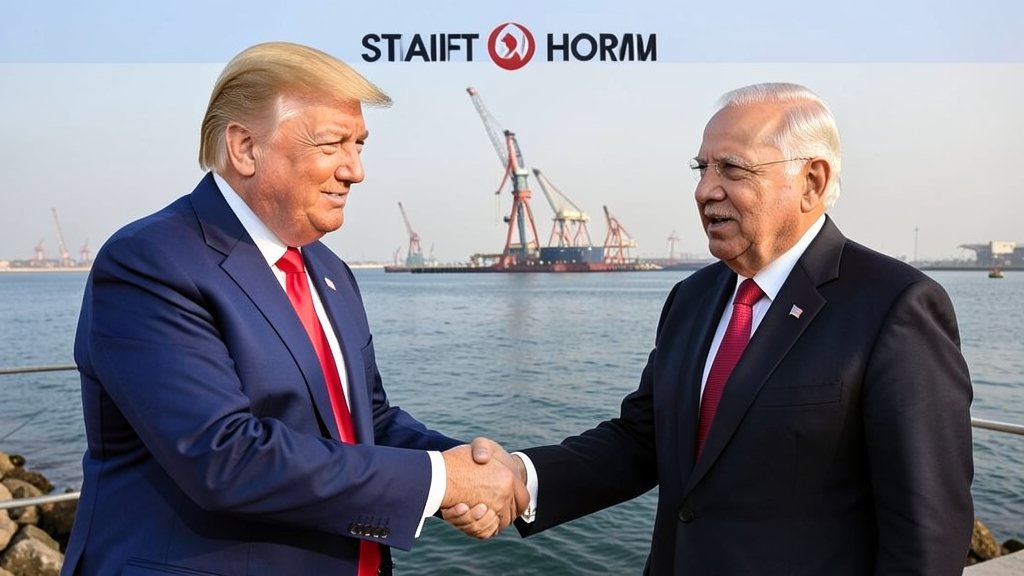 A photo of Donald Trump and Narendra Modi shaking hands, with a subtle background image of the Strait of Hormuz, symbolizing their discussion on keeping the strait open.
