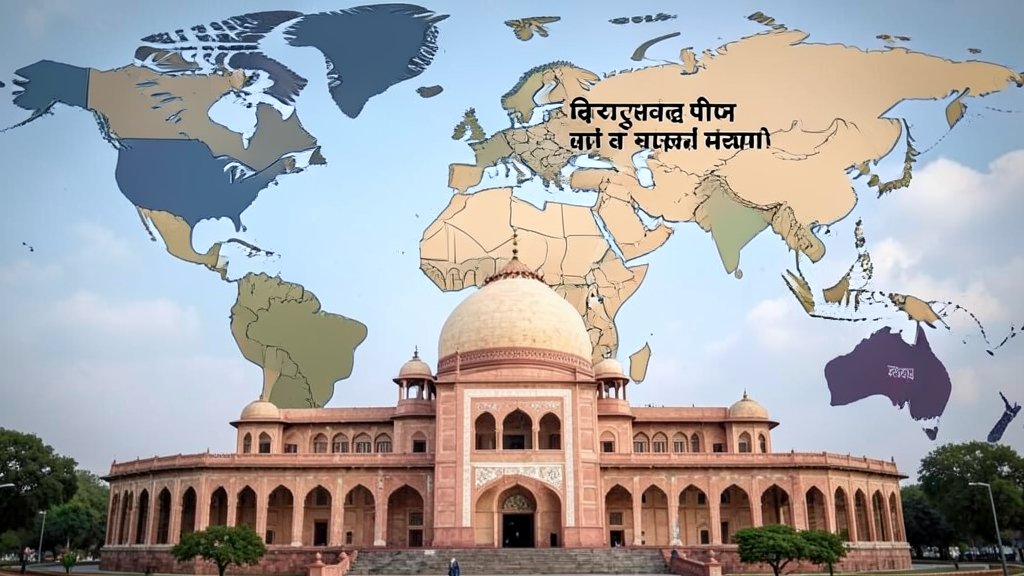 A photo of the Indian Parliament building with a backdrop of a world map highlighting the Middle East region, symbolizing the country's concerns and involvement in global affairs.