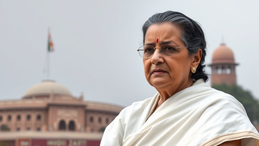 A photo of Sonia Gandhi with a subtle background of the Indian Parliament or a hospital, conveying a sense of concern and political significance.
