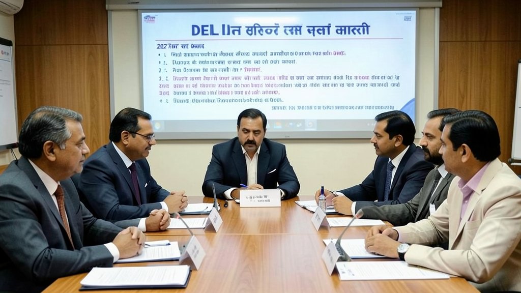 A photo of the Delhi government's budget meeting with a focus on the 2027 budget documents and officials discussing the allocation of funds for various sectors.