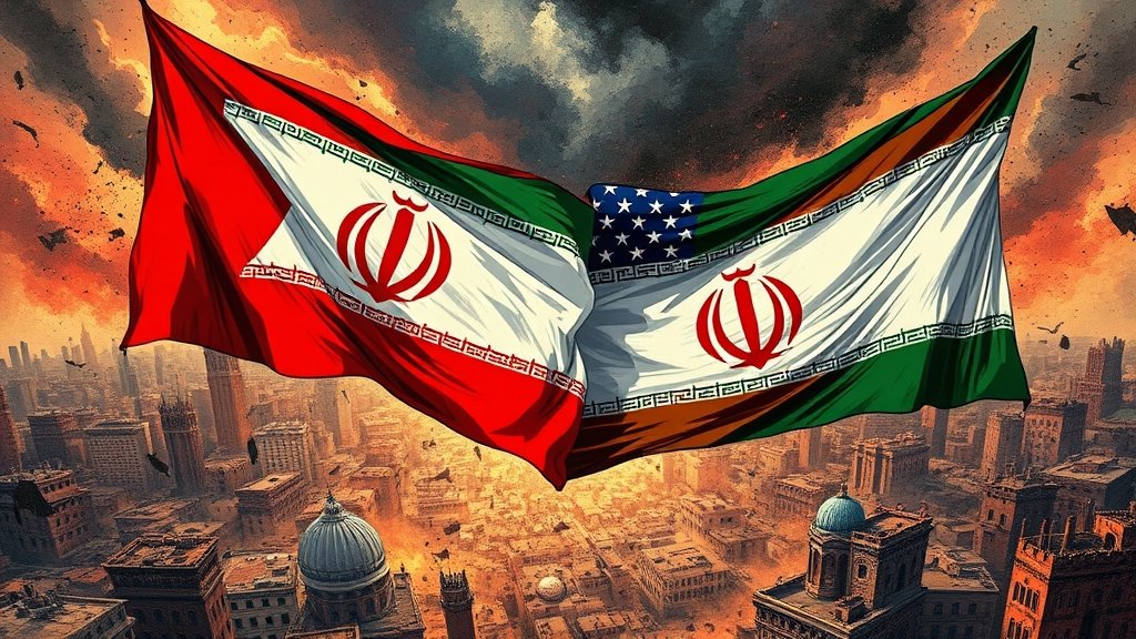 A dramatic illustration of the Iranian and American flags with a backdrop of a chaotic Middle East cityscape, symbolizing the complexity and tension of the region.