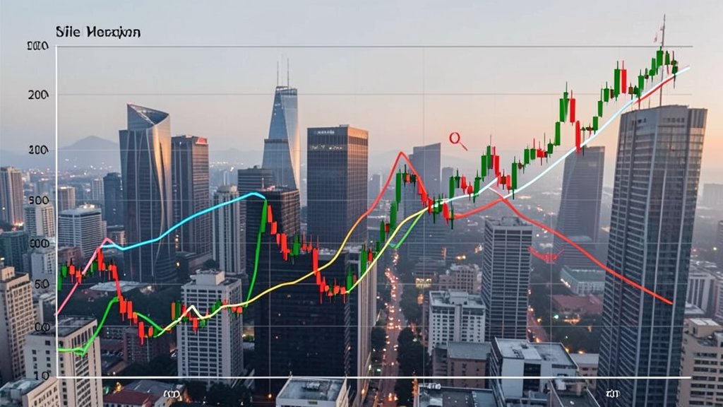 A graph showing the fluctuation of oil prices and stock market trends with a background of a cityscape