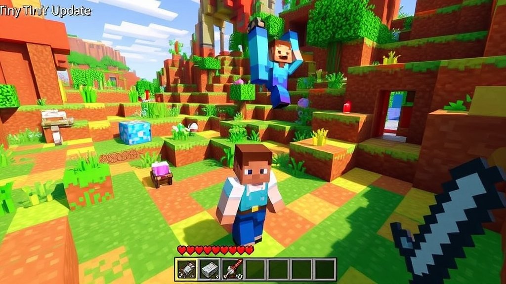 A screenshot of the Minecraft Tiny Takeover update gameplay, featuring a character in a vibrant and colorful environment, with a mix of new and classic Minecraft elements.