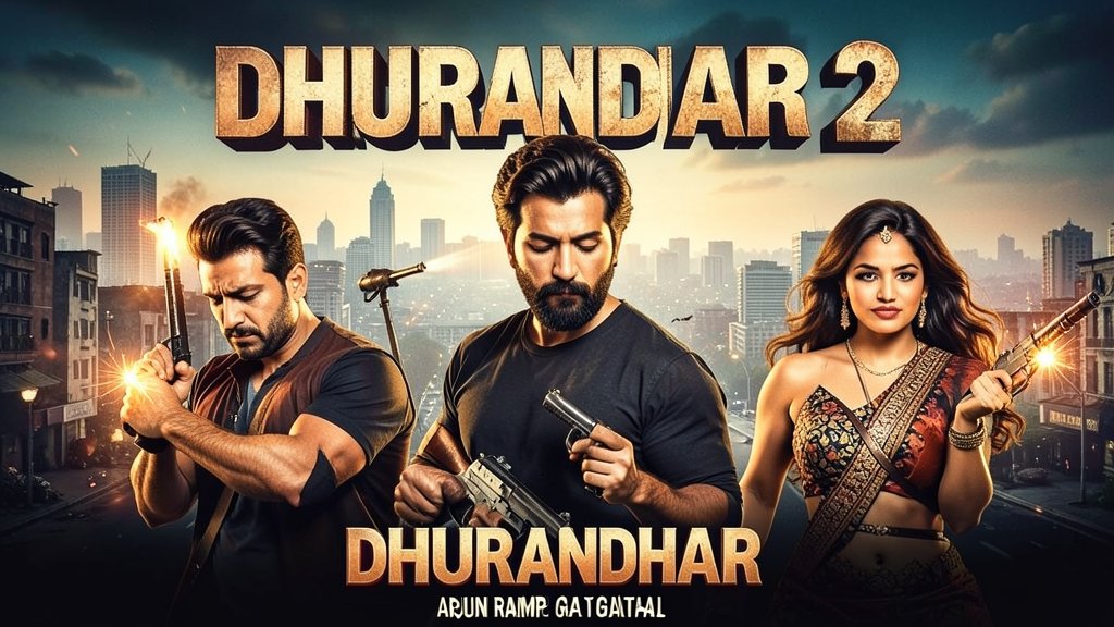 A poster of the movie Dhurandhar 2 with the lead actors Ranveer Singh, Arjun Rampal, and Yami Gautam in action-packed poses, with a cityscape in the background