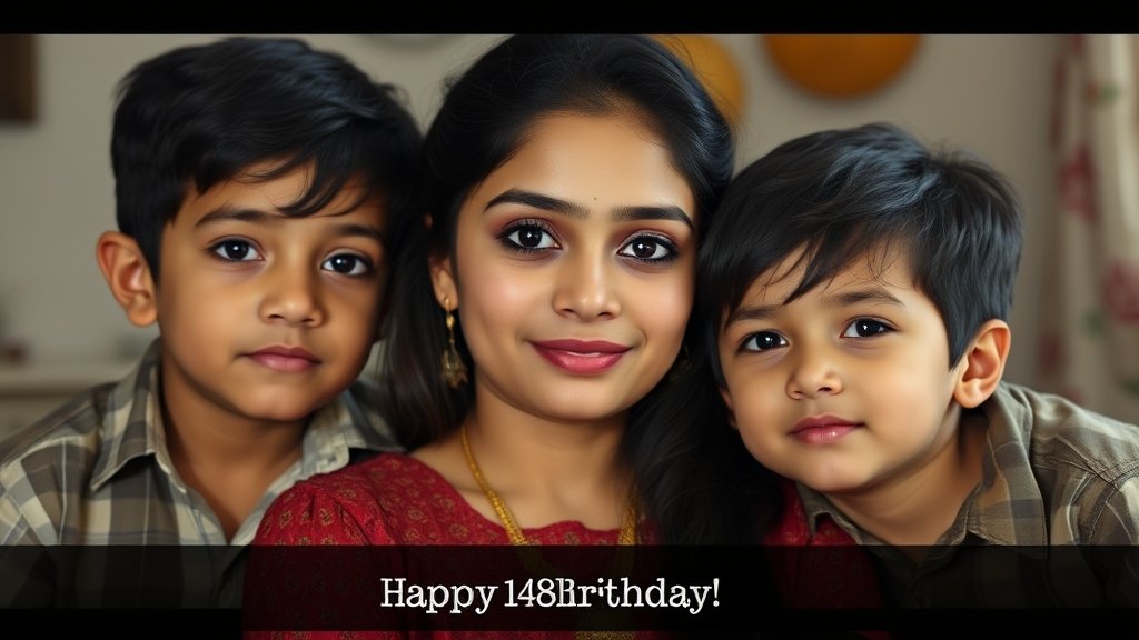 A photo of Celina Jaitly with her twin sons, with a caption that reads "Happy 14th Birthday" in the background, and a subtle hint of nostalgia and longing on Celina's face.