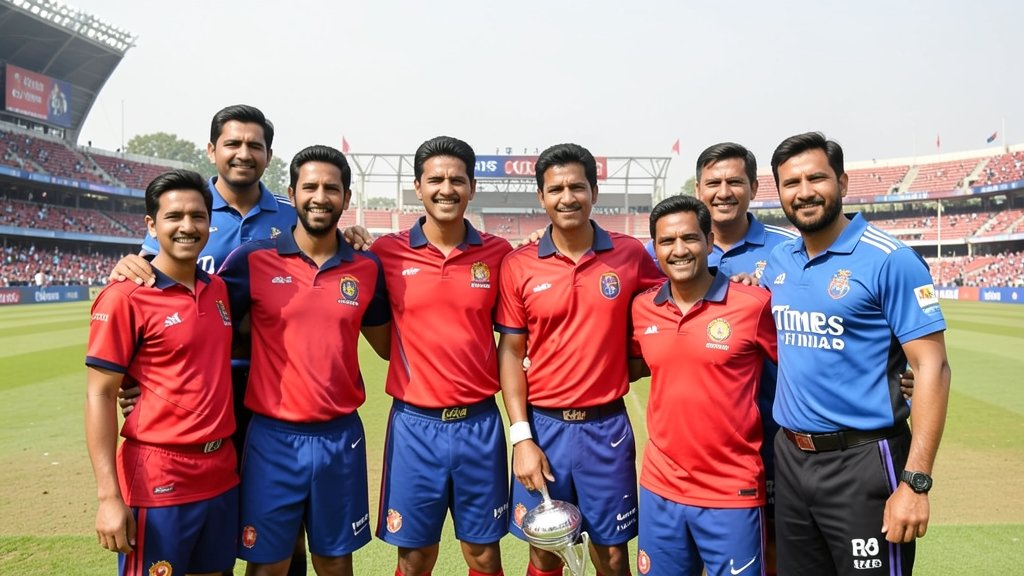 A photo of the RCB team with the new owners, Aditya Birla Group and Times of India, in the background with a cricket stadium.