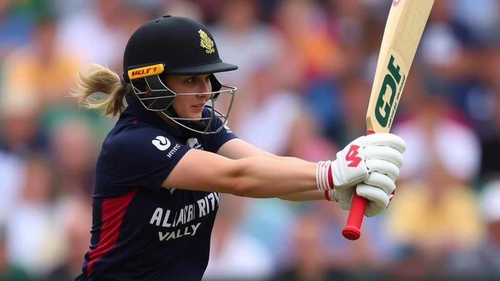 A photo of Georgia Voll batting in a T20I match, with a blurred background of the stadium and crowd, highlighting her focus and determination.