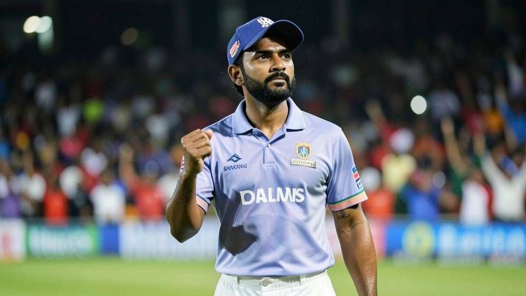 A photo of MS Dhoni in action on a cricket field, with a thoughtful expression, surrounded by a blurred background of cheering fans and cricket stadium lights