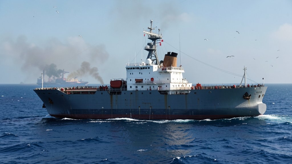 A realistic illustration of a Chinese survey ship operating in the Indian Ocean, with a subtle hint of the geopolitical tensions in the background.
