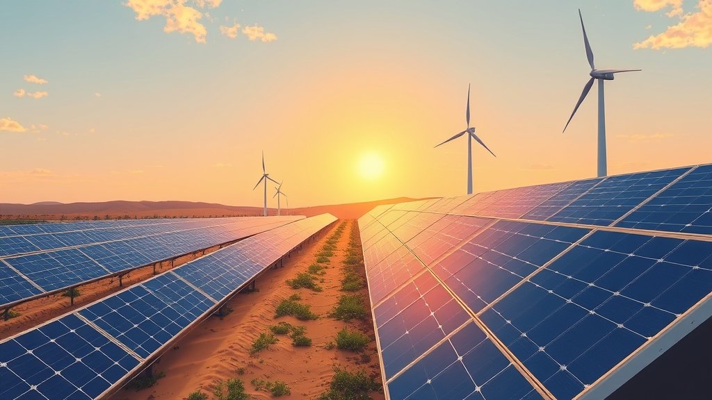 An illustration of a solar panel farm in India with a wind turbine in the background, symbolizing the country's transition to clean energy.
