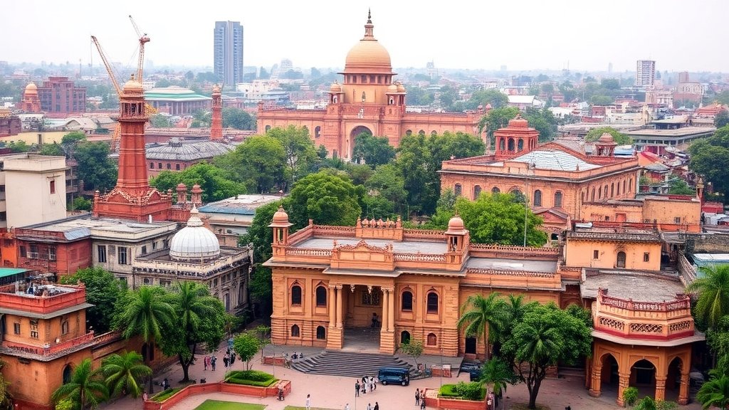 A photo of the Lutyens area in Delhi with a mix of old and new buildings, symbolizing the political and historical significance of the area.
